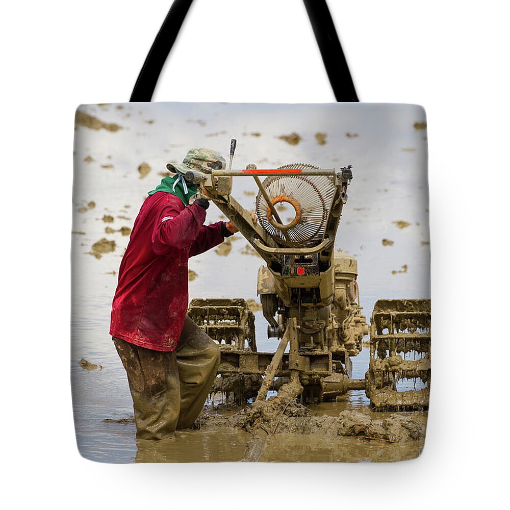 Headwear Tote Bag featuring the photograph Iron Buffalo Down In A Rice Field by Jean-claude Soboul