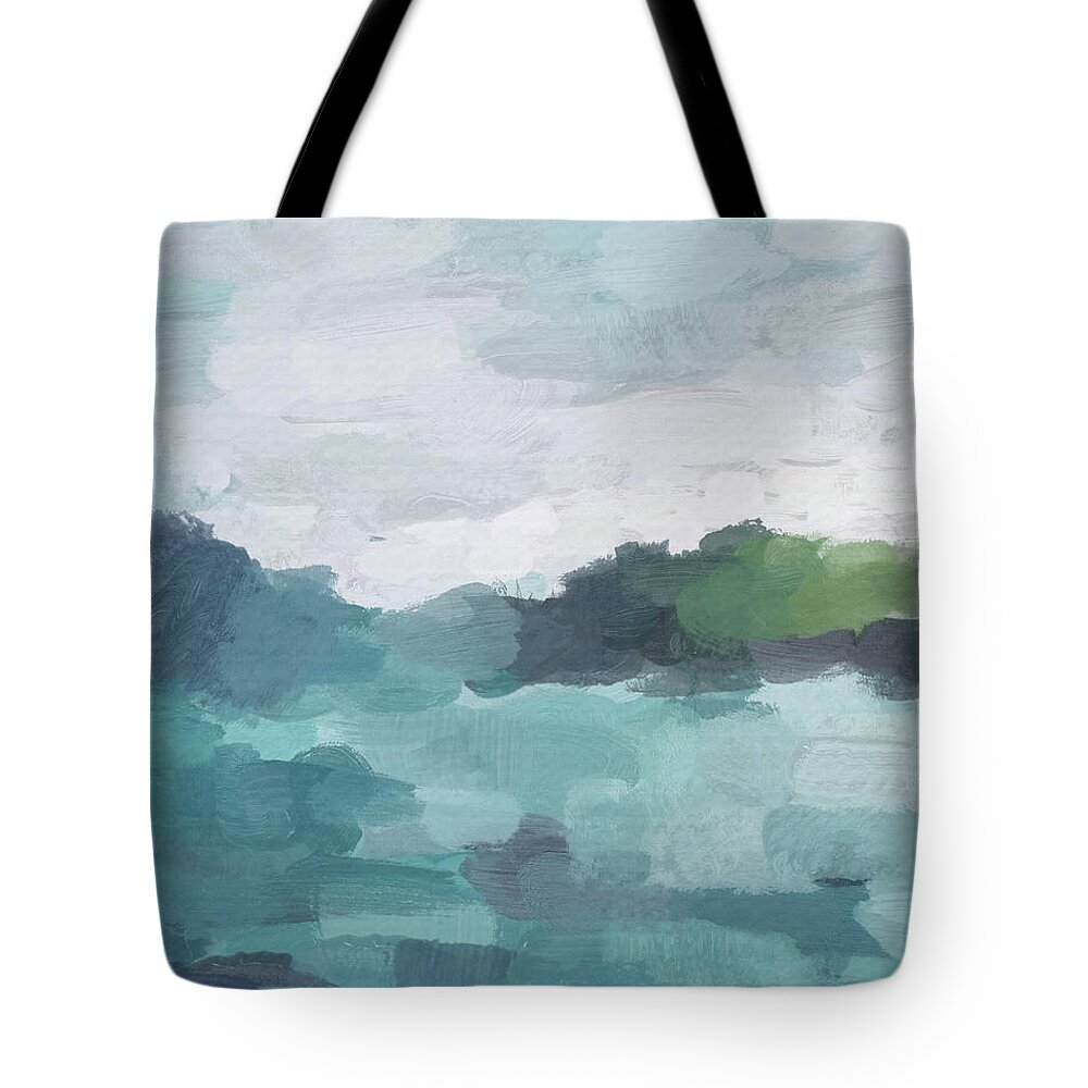 Aqua Blue Green Teal Tote Bag featuring the painting Island in the Distance by Rachel Elise