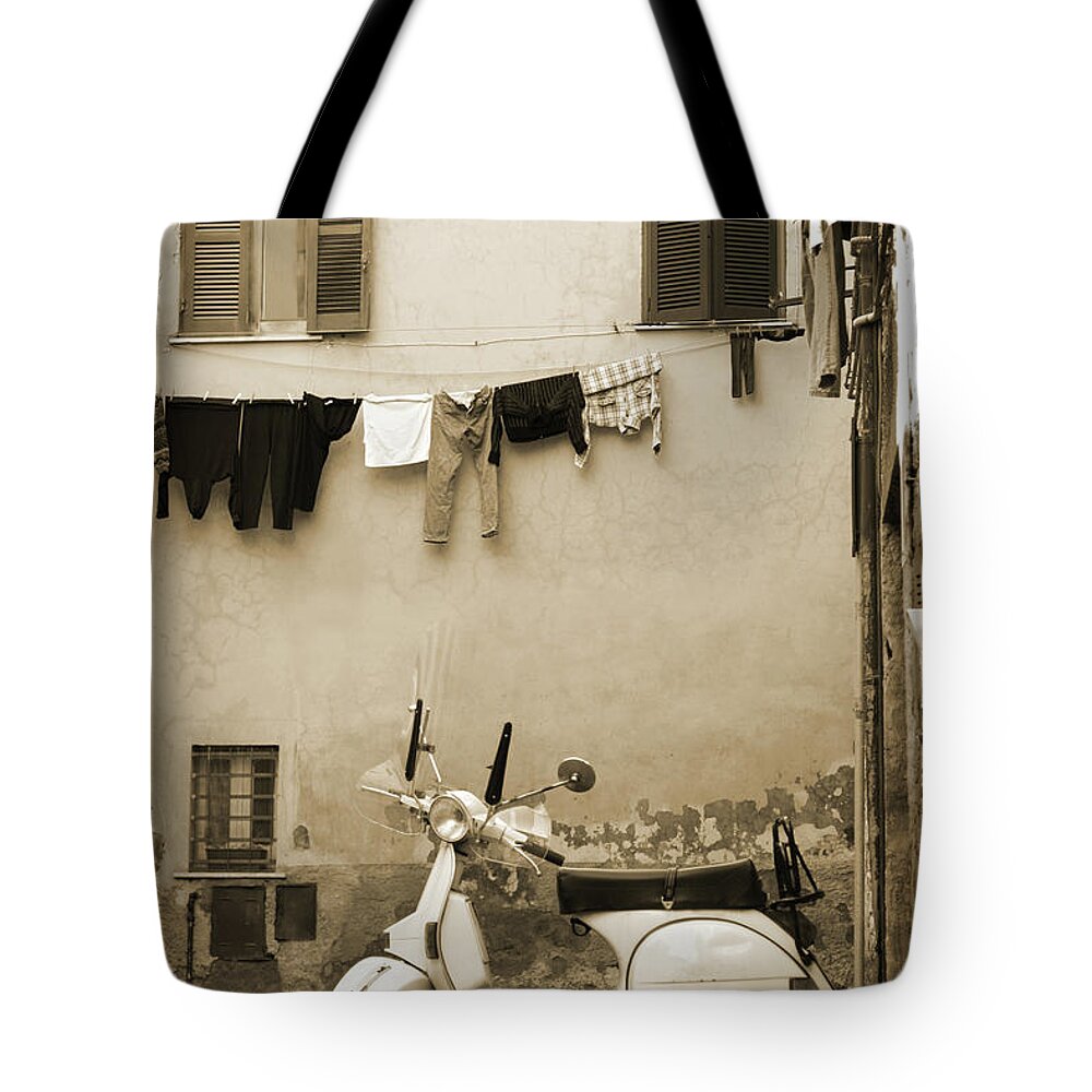 Cool Attitude Tote Bag featuring the photograph Italian Vintage Scooter In A Village by Romaoslo