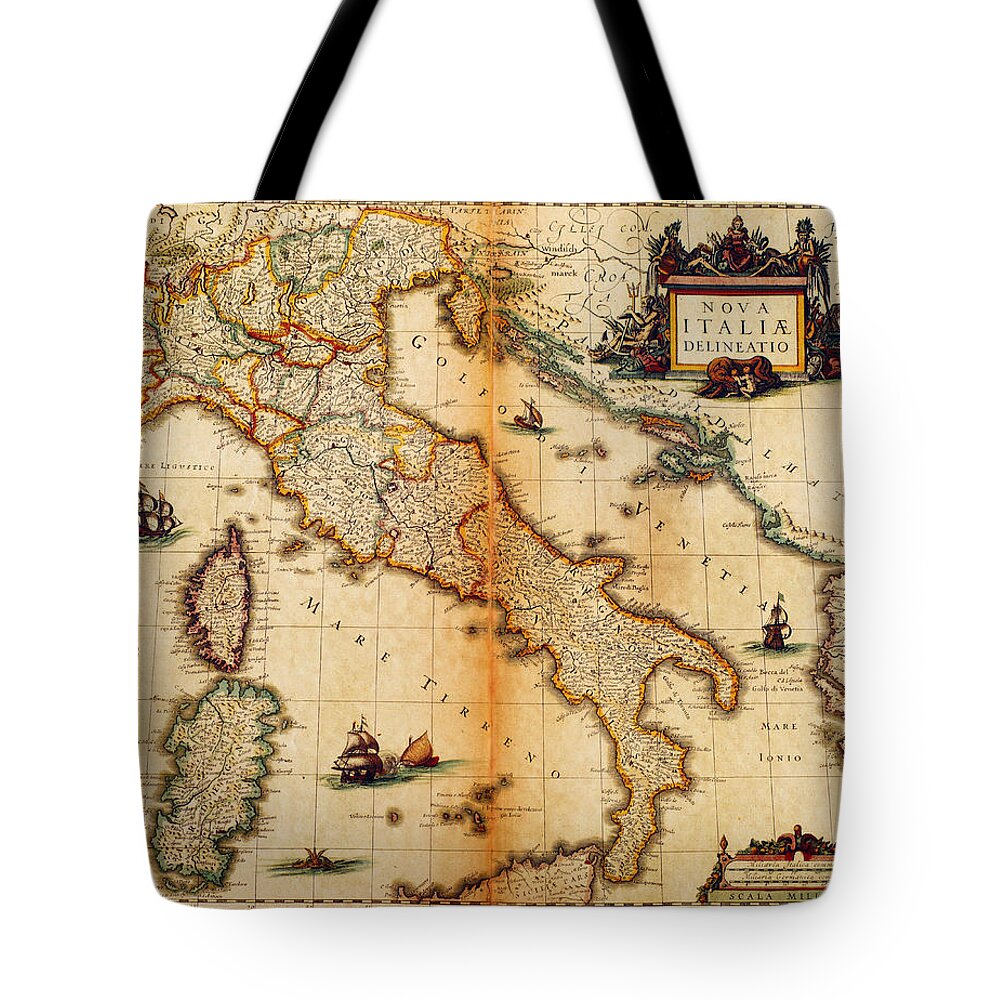 Engraving Tote Bag featuring the digital art Italy Map 1635 by Nicoolay