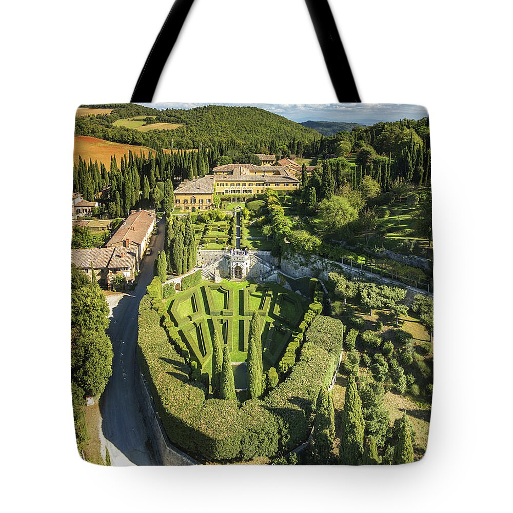 Estock Tote Bag featuring the digital art Italy, Tuscany, Siena District, Val Di Chiana, Chianciano Terme, Villa La Foce, Aerial View By Drone by Guido Cozzi