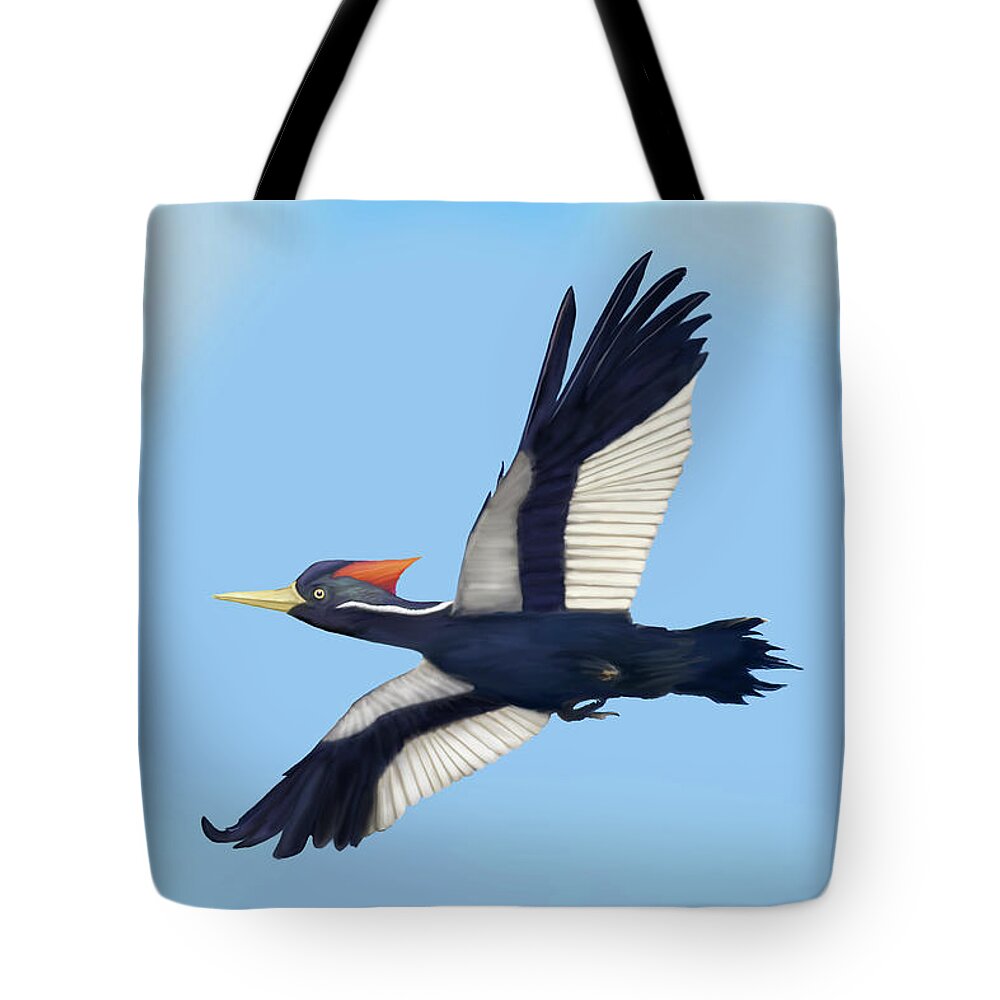 Ivory-billed Woodpecker Tote Bag featuring the digital art Ivory-billed Woodpecker in Flight by Mark Miller