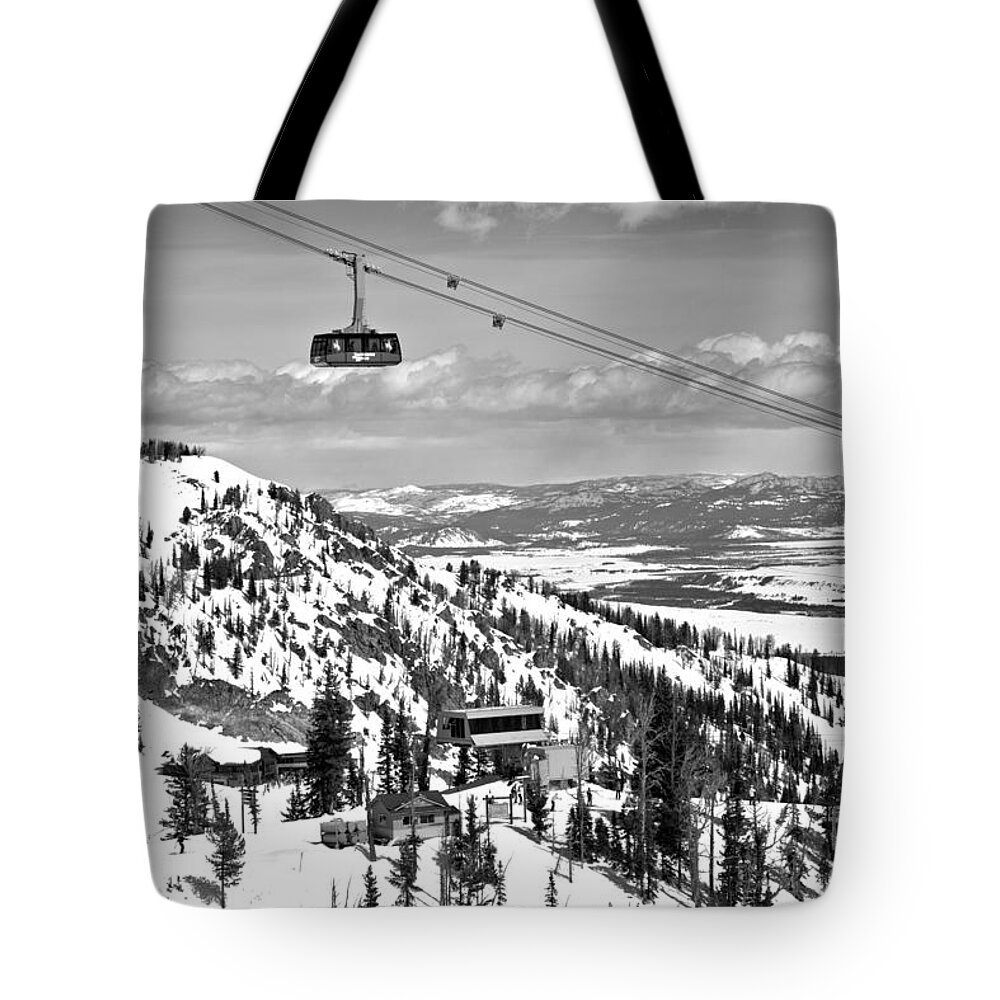Jackson Hole Tote Bag featuring the photograph Jackson Hole Big Red Tram In The Tetons Black And White by Adam Jewell