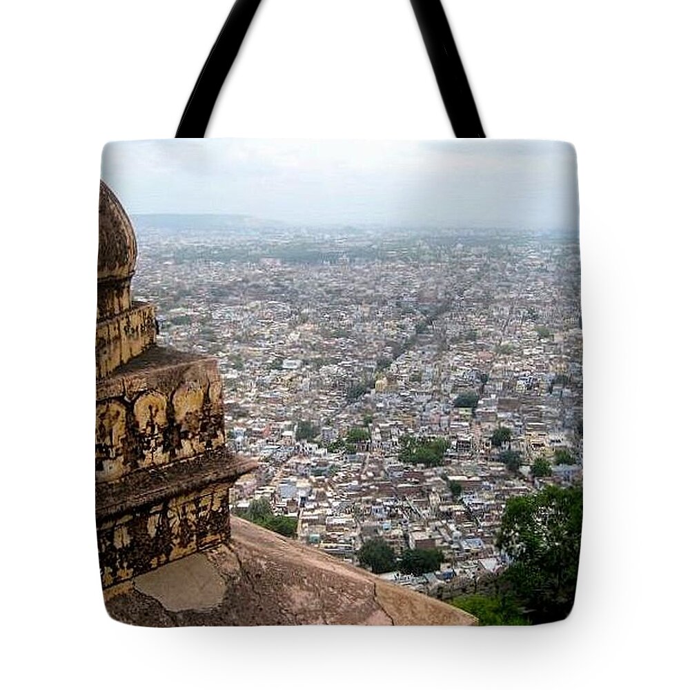 Built Structure Tote Bag featuring the photograph Jaipur Seen From Nahargarh Fort by Andrew J Timmis