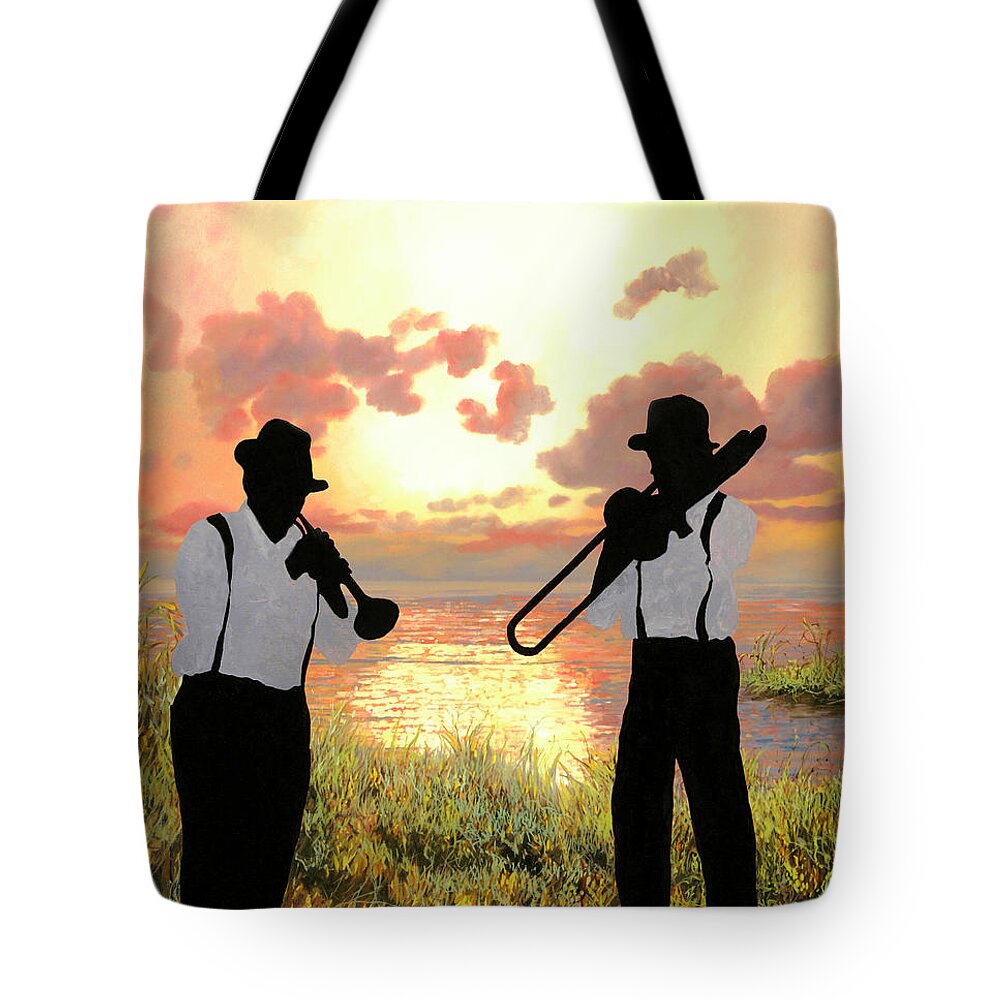 Jazz Tote Bag featuring the painting Jazz Al Tramonto by Guido Borelli