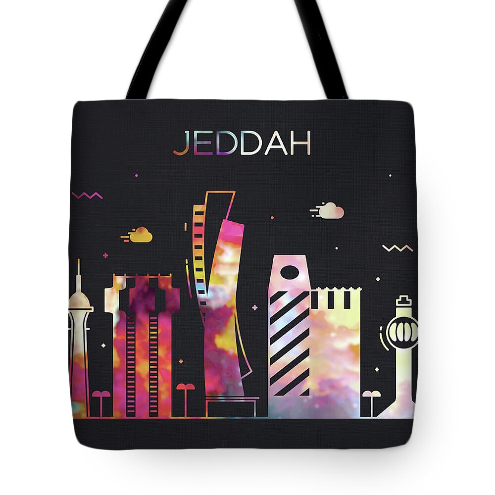 Jeddah Tote Bag featuring the mixed media Jeddah Saudi Arabia City Skyline Whimsical Fun Tall Dark Series by Design Turnpike