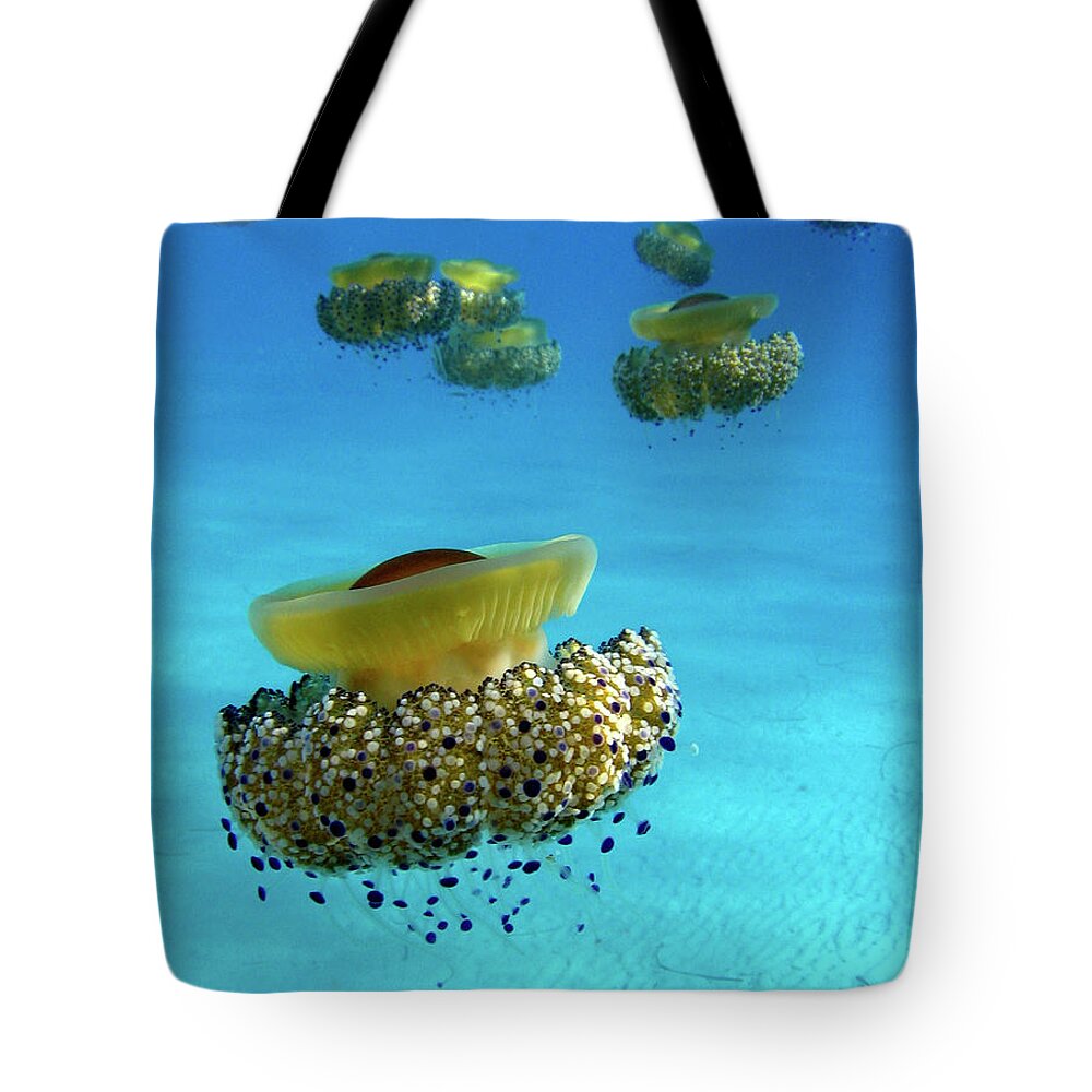 Underwater Tote Bag featuring the photograph Jellyfish Invasion by Luca Sgualdini