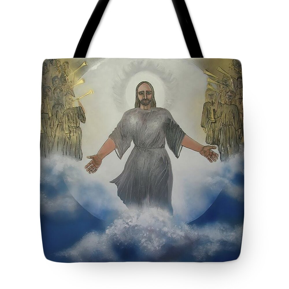 Heaven Tote Bag featuring the painting Jesus The Saviour - Glory To God by Joan Stratton