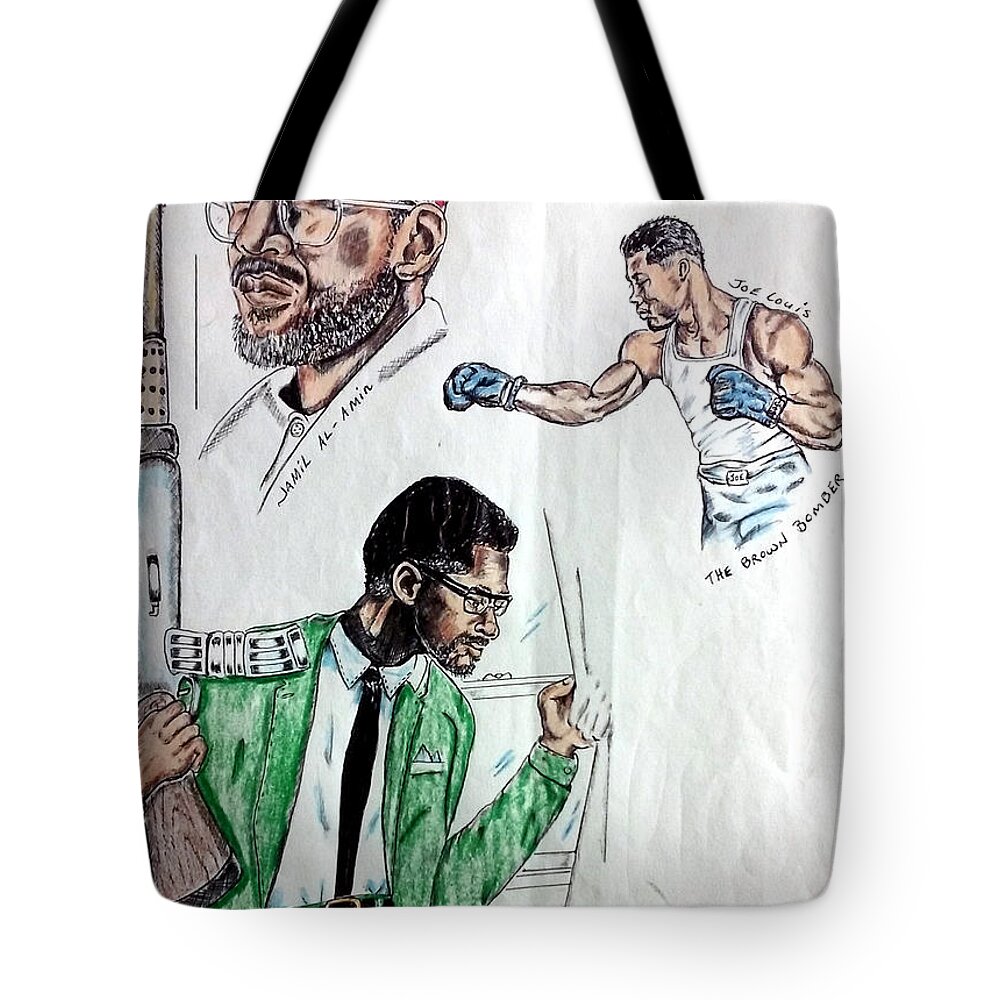 Black Art Tote Bag featuring the drawing Joe, Brown, and Malcolm by Joedee