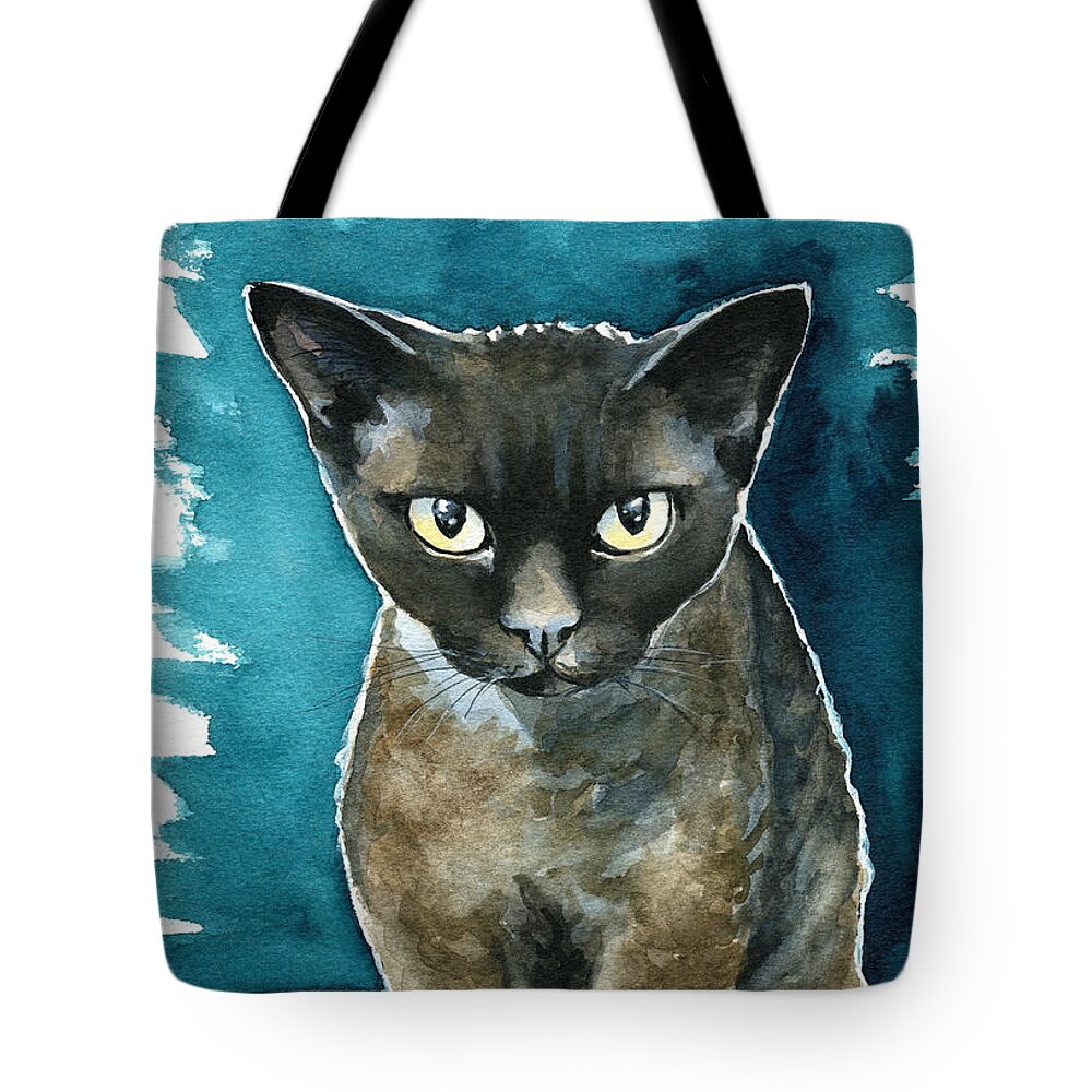 Cats Tote Bag featuring the painting Joey - Devon Rex Cat Painting by Dora Hathazi Mendes