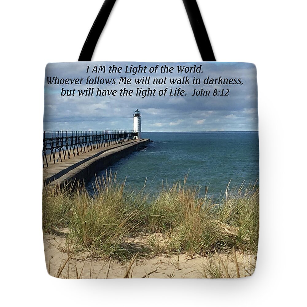  Tote Bag featuring the mixed media John 8 12 by Lori Tondini