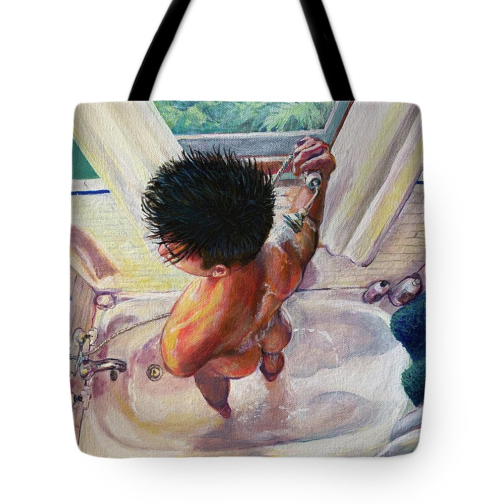 Shower Tote Bag featuring the painting Jon Rinsing Off by Marc DeBauch