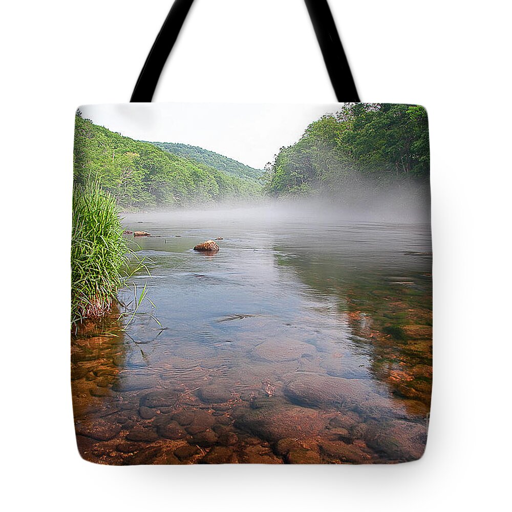 Farmington River Tote Bag featuring the photograph June Morning Mist by Tom Cameron
