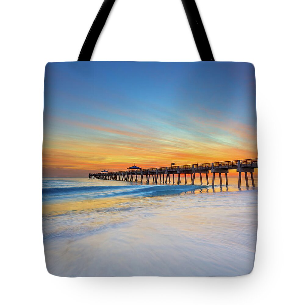 Juno Beach Tote Bag featuring the photograph Juno Beach Pier November 26 2018 Sunrise by Kim Seng