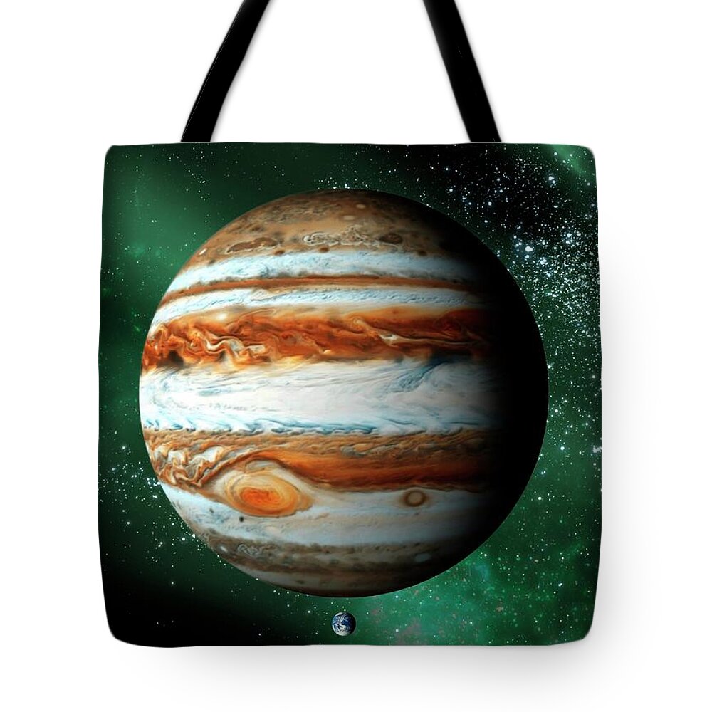 Outdoors Tote Bag featuring the digital art Jupiter And Earth, Artwork by Science Photo Library - Victor Habbick Visions
