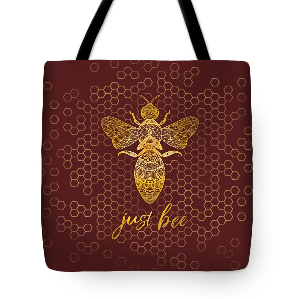 Just Bee Tote Bag featuring the digital art Just Bee - Geometric Zen Bee Meditating over Honeycomb Hive by Laura Ostrowski