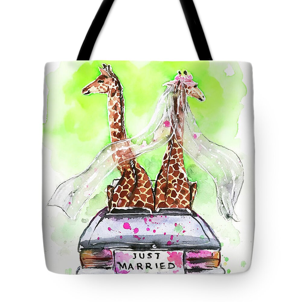 Giraffe Tote Bag featuring the painting Just Married by Zaira Dzhaubaeva