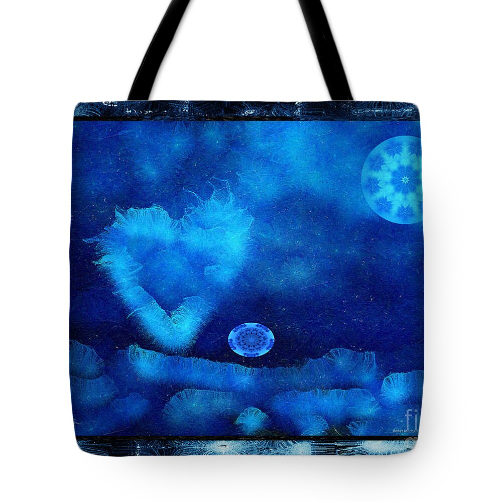 Moon Tote Bag featuring the digital art Kaleidoscope Moon for Children Gone Too Soon Number 4 - Cerulean Valentine by Aberjhani