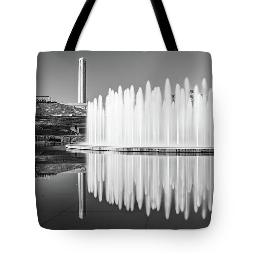 America Tote Bag featuring the photograph Kansas City Fountain and War Memorial Reflections - Monochrome by Gregory Ballos