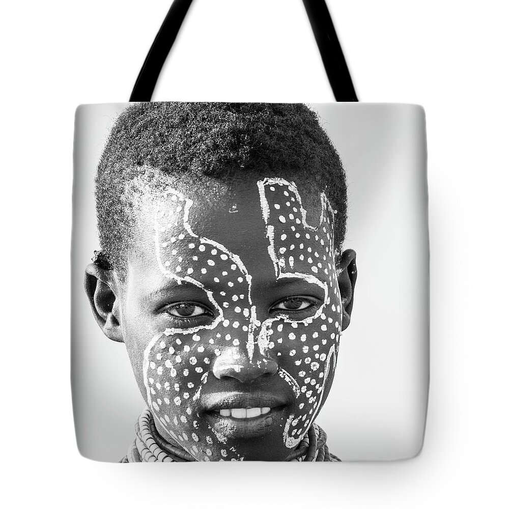 Portrait Tote Bag featuring the photograph Karo girl face by Mache Del Campo