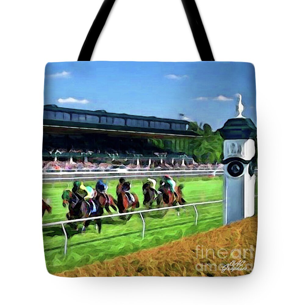Keeneland Tote Bag featuring the digital art Keeneland To The Finish Line by CAC Graphics