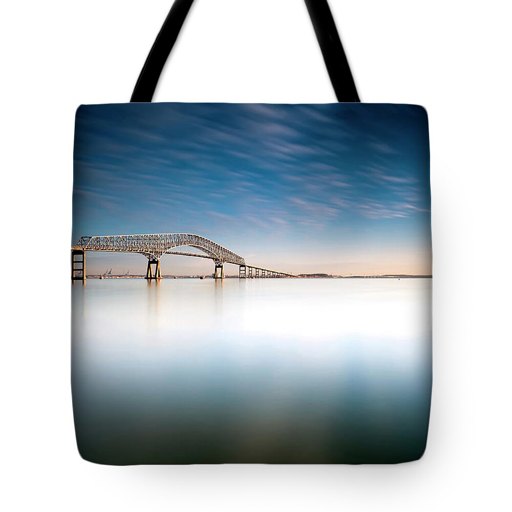 Dawn Tote Bag featuring the photograph Key Bridge At Dawn In Color by Photo By Edward Kreis, Dk.i Imaging