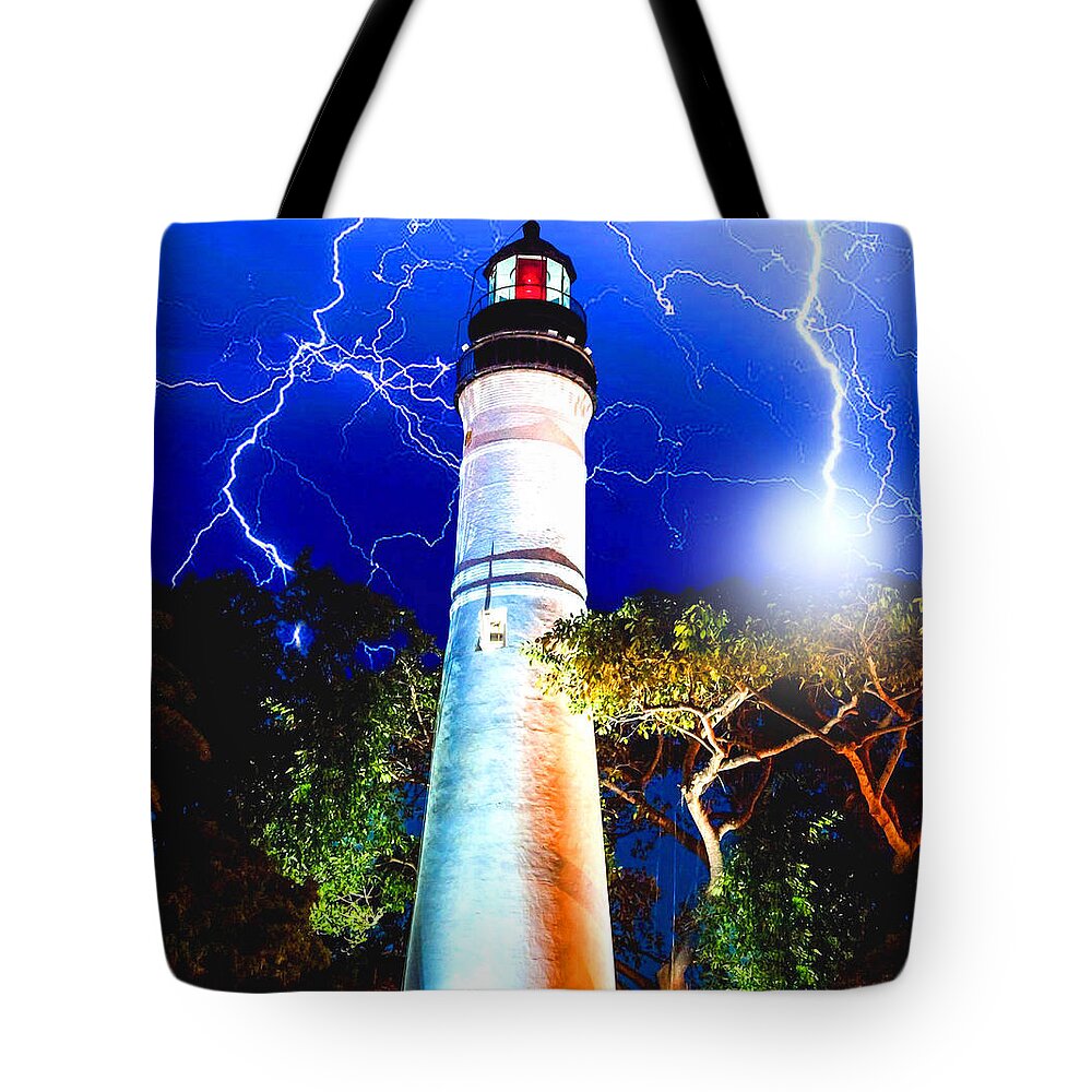 Key West Tote Bag featuring the mixed media Key West Lightning Light House by Jas Stem