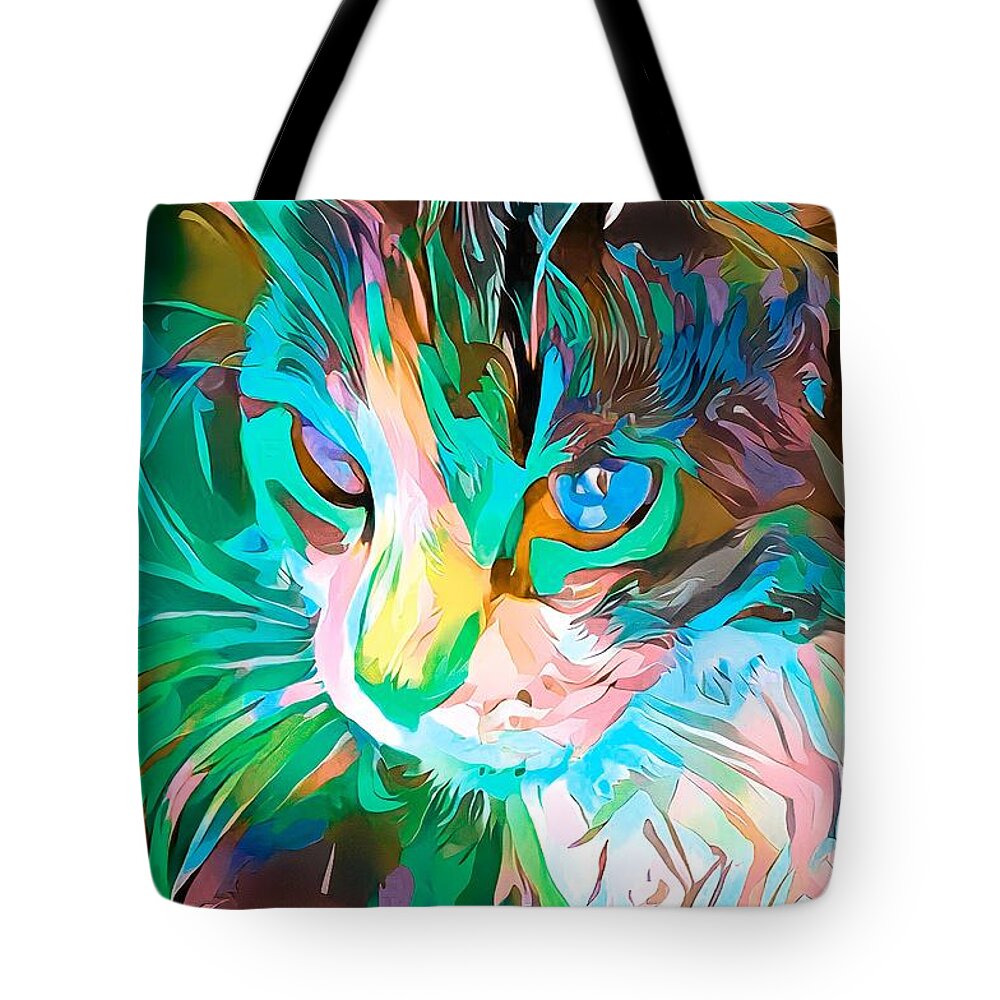 Blue Tote Bag featuring the digital art Kitty Abstract Flowing Paint Blue Green by Don Northup