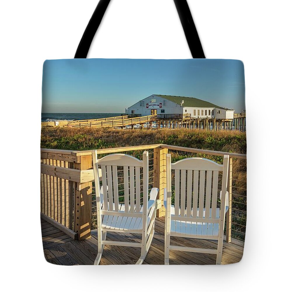 Estock Tote Bag featuring the digital art Kitty Hawk Pier, Outer Banks, Nc by Laura Zeid