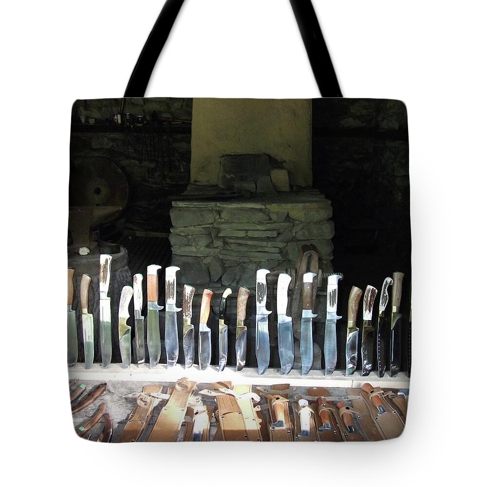 Knife Shop Tote Bag featuring the photograph Knife shop in Bulgaria by Martin Smith