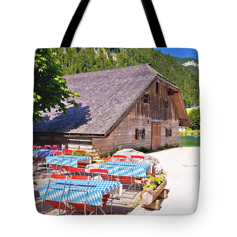 Konigssee Tote Bag featuring the photograph Konigssee coast Bavarian Alpine landscape and old wooden archite by Brch Photography