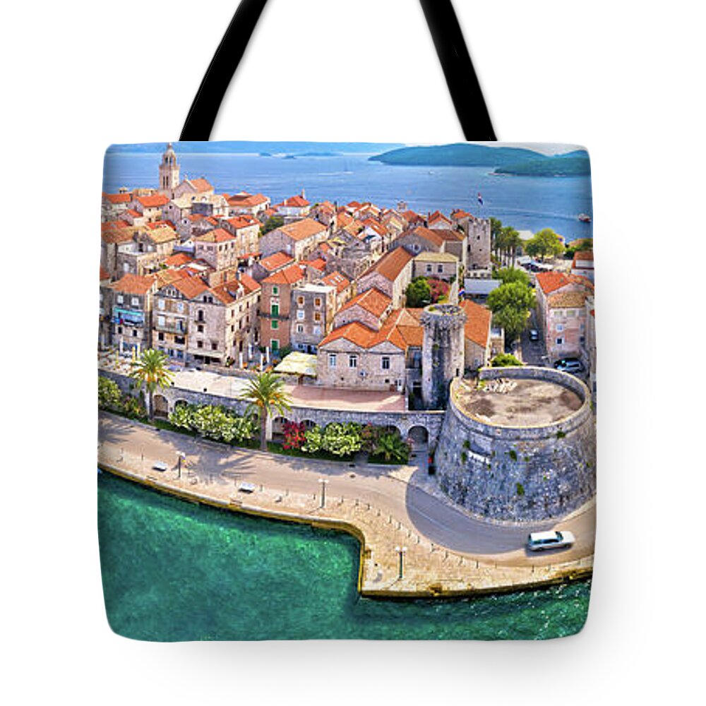 Korcula Tote Bag featuring the photograph Korcula. Historic town of Korcula aerial panoramic view by Brch Photography
