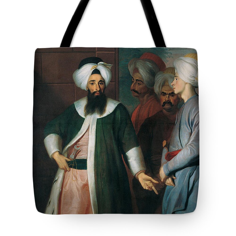 18th Century Art Tote Bag featuring the painting Kozbekci Mustafa Aga and his Retinue by Georg Engelhard Schroder