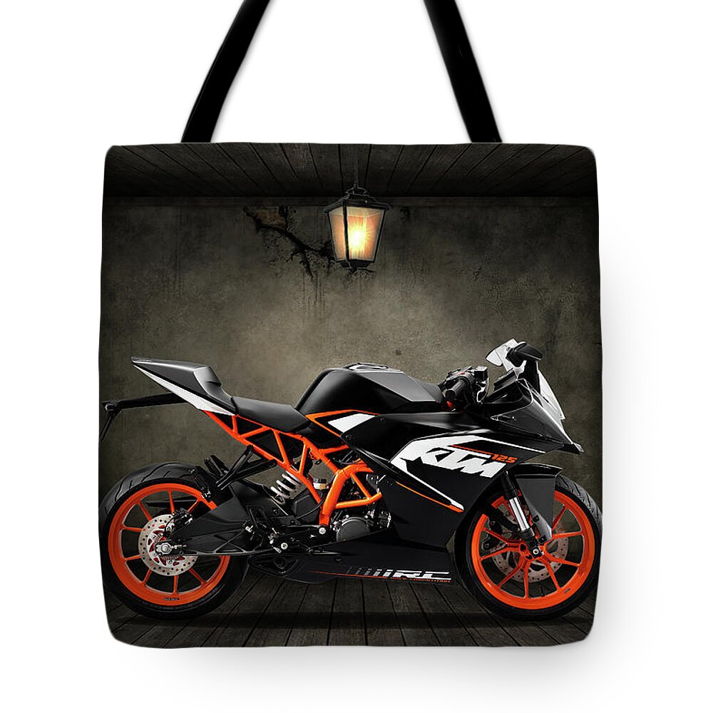 Ktm Tote Bag featuring the mixed media KTM Duke 125 Old Room by Smart Aviation