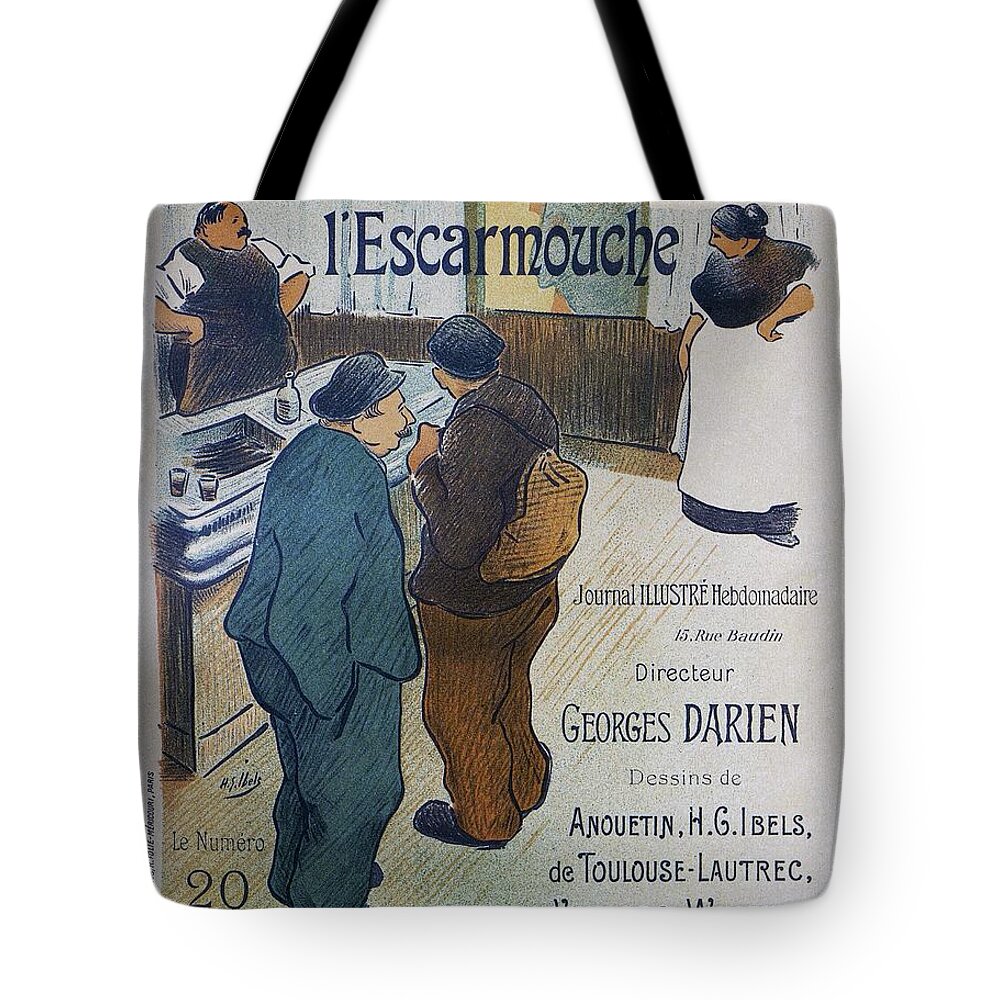 Ibells Tote Bag featuring the painting L Escarmouche, 1893 French Vintage Poster by Vincent Monozlay