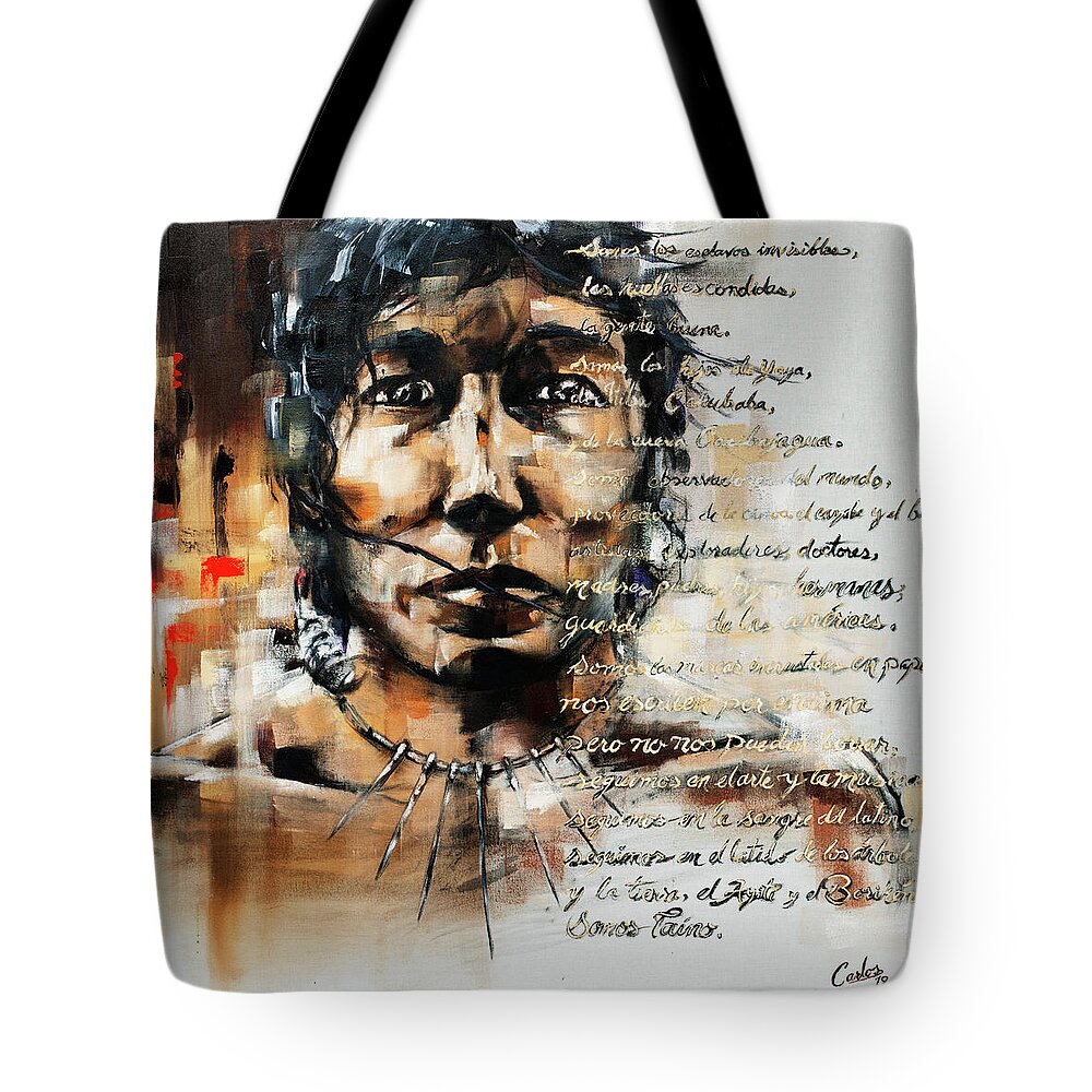Taino Tote Bag featuring the painting La Gente Buena - The Good People by Carlos Flores