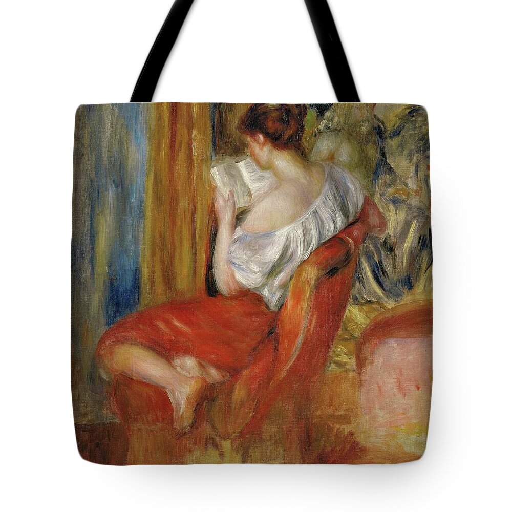 Pierre-auguste Renoir Tote Bag featuring the painting La liseuse-reading woman, around 1900. Oil on canvas, 56 x 46 cm. by Pierre Auguste Renoir -1841-1919-