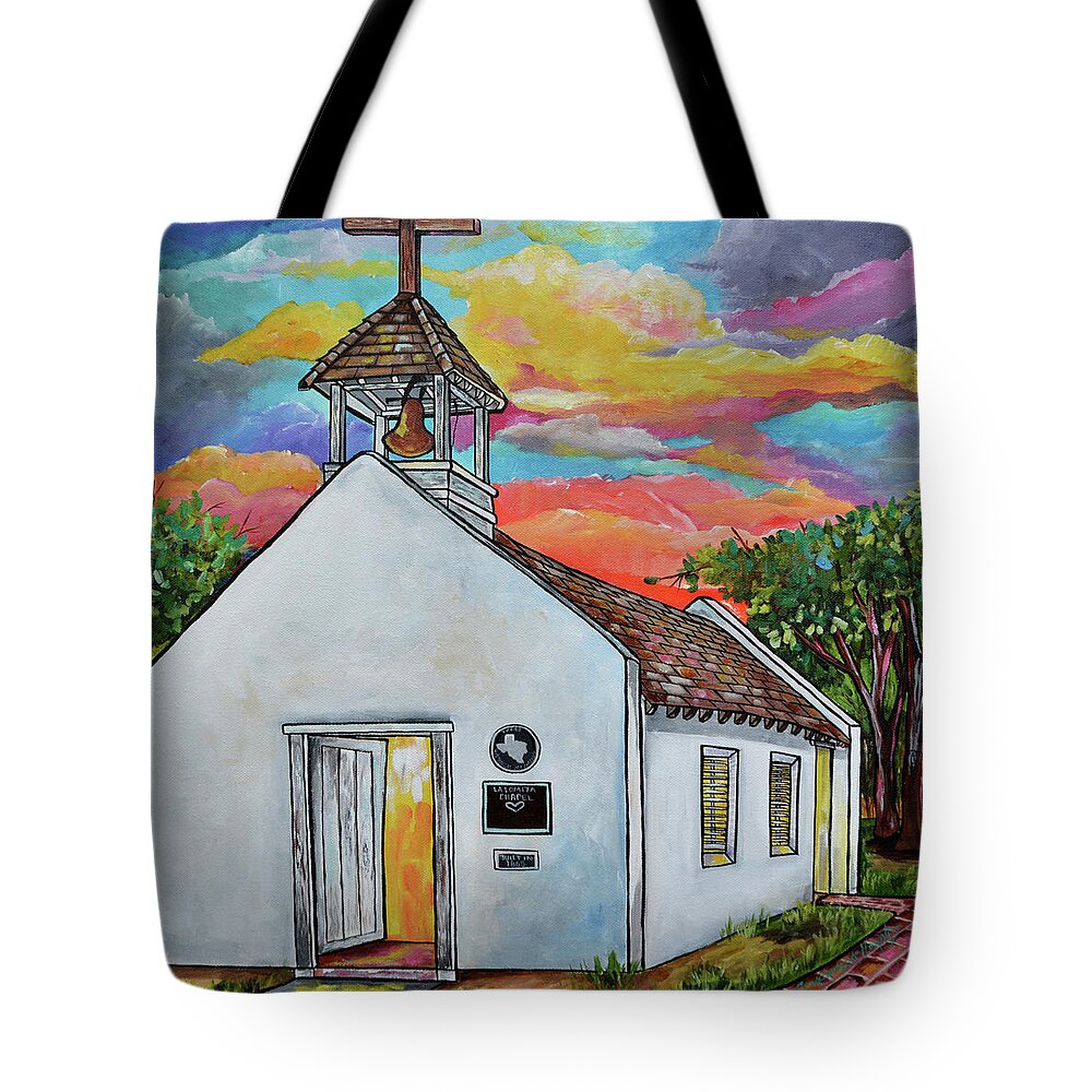 La Lomita Chapel Tote Bag featuring the painting La Lomita Sunrise by Patti Schermerhorn