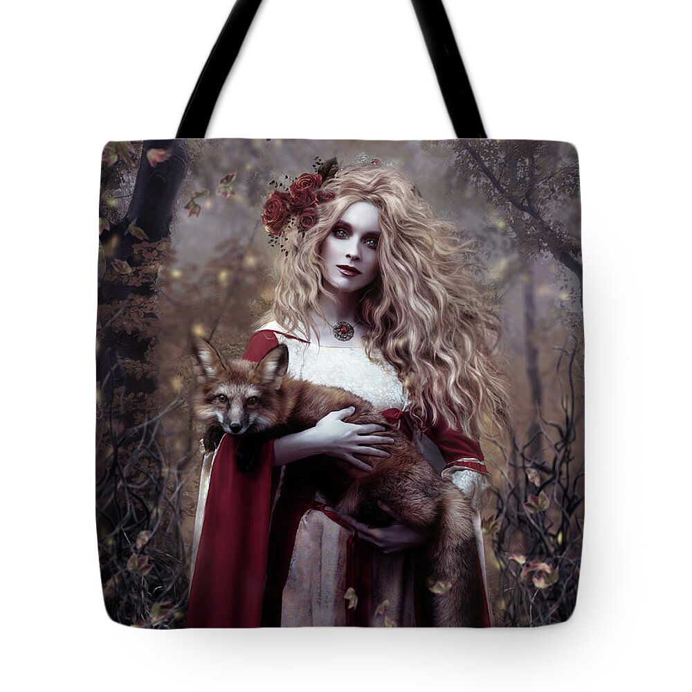 Lady And The Fox Tote Bag featuring the mixed media Lady and the Fox by Shanina Conway