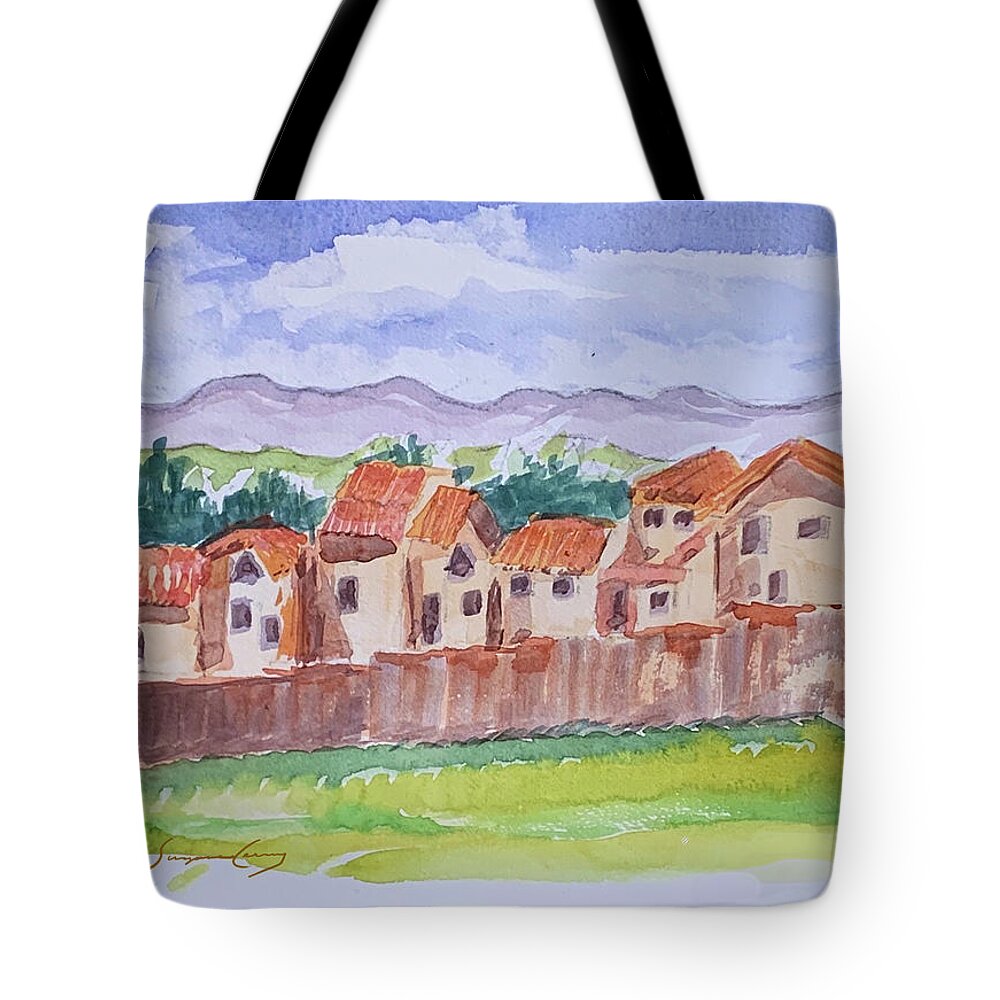 Houses Tote Bag featuring the painting Laguna del Sol Cuenca Ecuador by Suzanne Giuriati Cerny