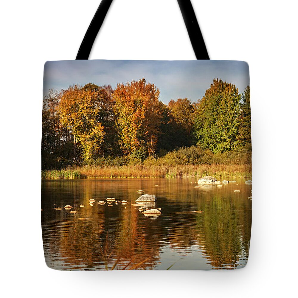Sweden Tote Bag featuring the photograph Lake at autumn by Sophie McAulay