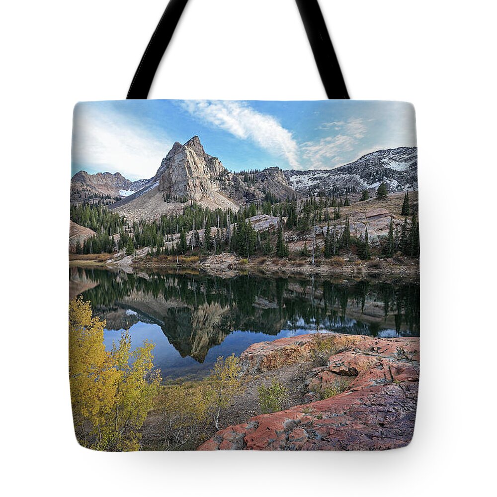Utah; Landscape; Aspen; Autumn; Fall; Foliage; Granite; Yellow; Golden; Orange; Glow; Blue; Leaves; Wasatch Mountains; Little Cottonwood Canyon; Tote Bag featuring the photograph Lake Blanche and the Sundial - Big Cottonwood Canyon, Utah - October '06 by Brett Pelletier