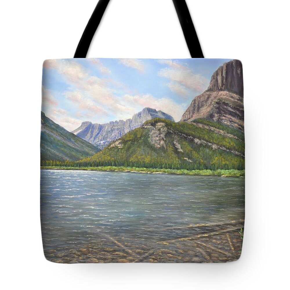 Mountains Tote Bag featuring the pastel Lake Shore View by Lee Tisch Bialczak