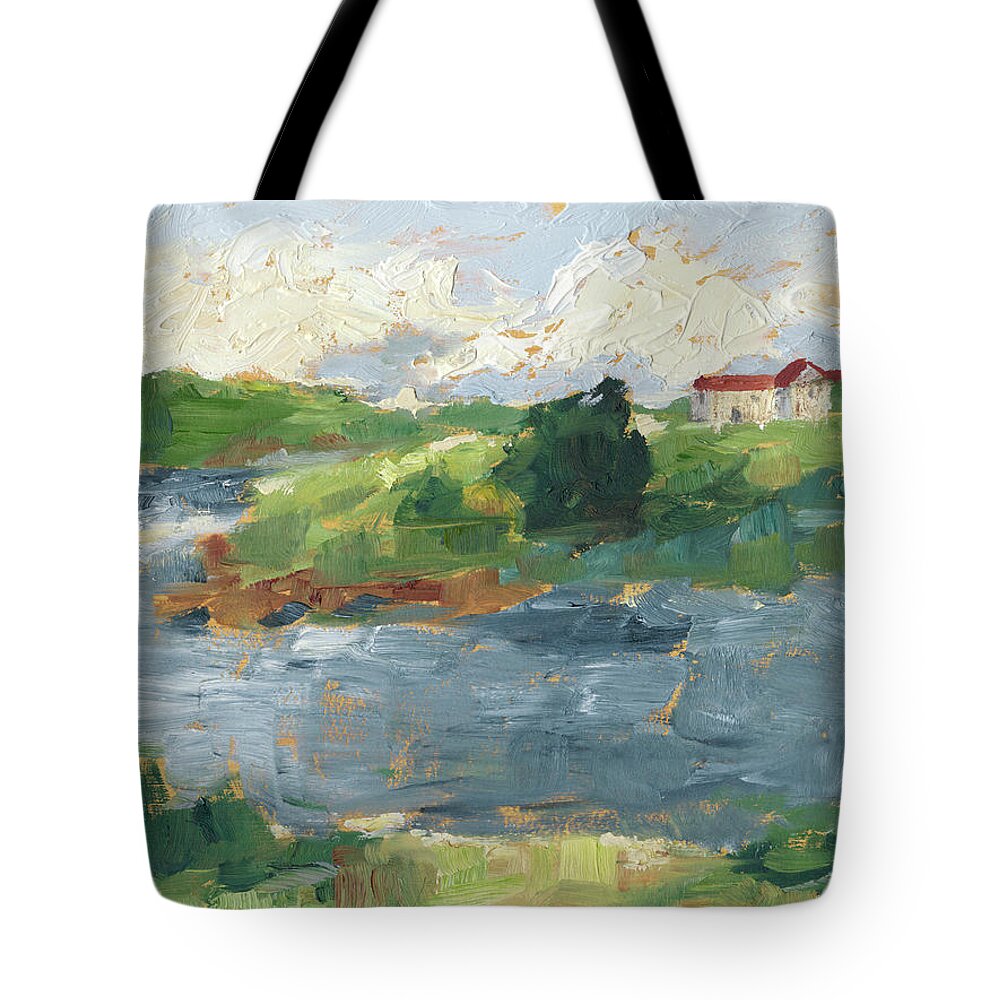 Landscapes & Seascapes+lakes & Rivers Tote Bag featuring the painting Lakeside Cottages Iv by Ethan Harper