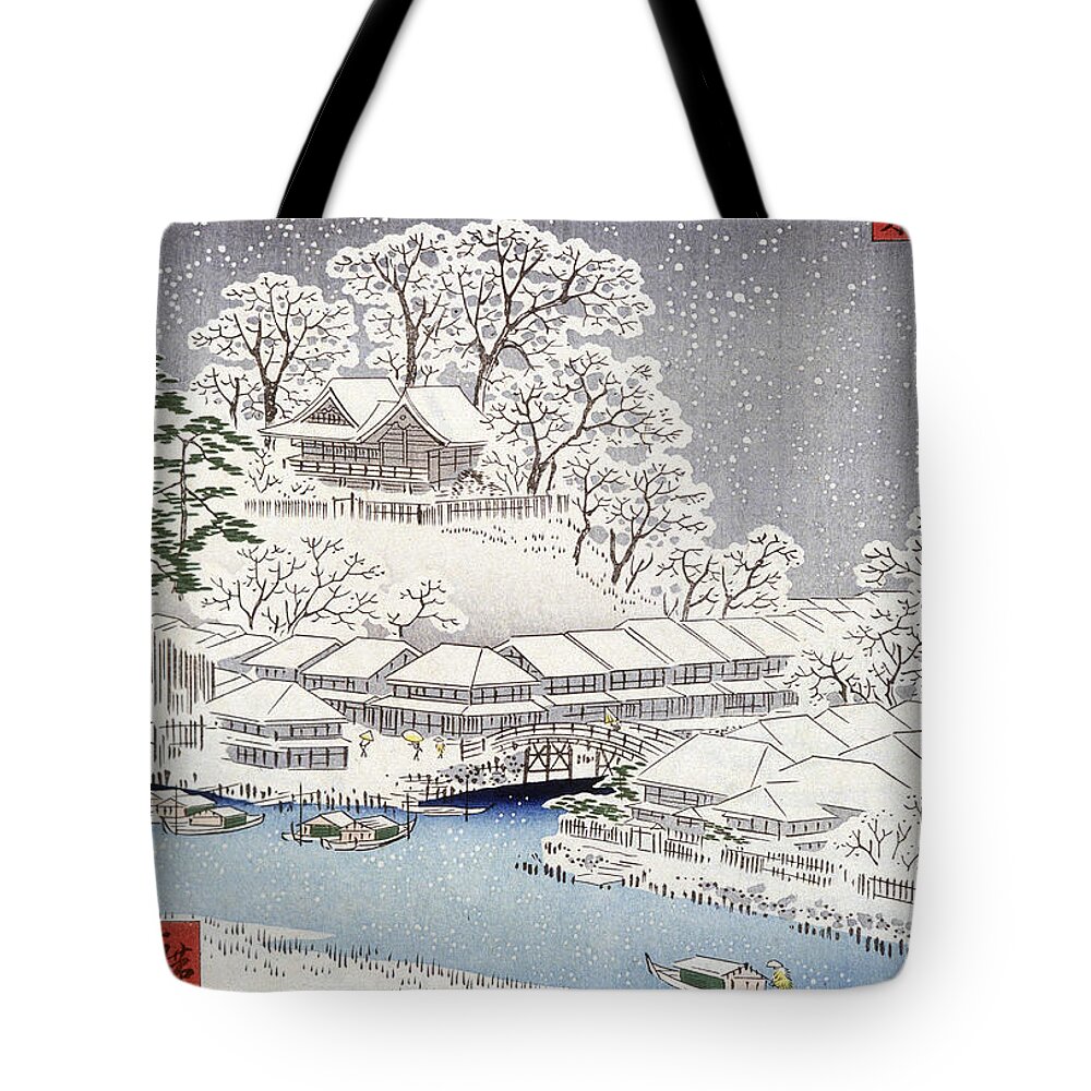 Landscape Under The Snow Tote Bag featuring the painting Landscape under the Snow, Japan by Hokusai by Hokusai