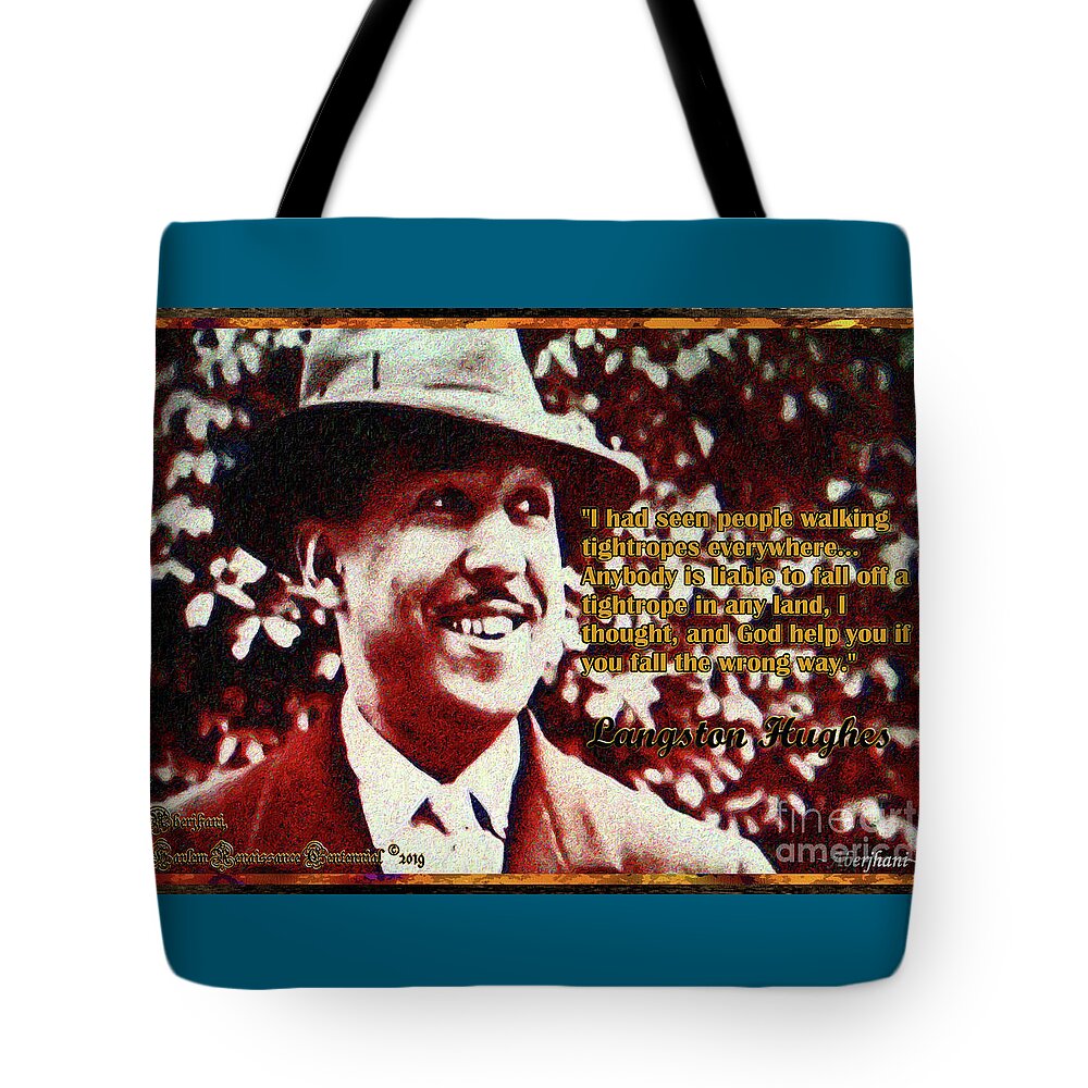 Harlem Renaissance Tote Bag featuring the mixed media Langston Hughes Quote on People Walking Tightropes by Aberjhani