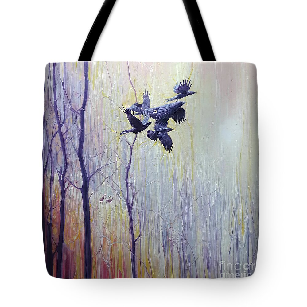 Crows Tote Bag featuring the painting LARGE ORIGINAL Oil Painting - Forest Dynasties - ravens and deer in a winter forest by Gill Bustamante