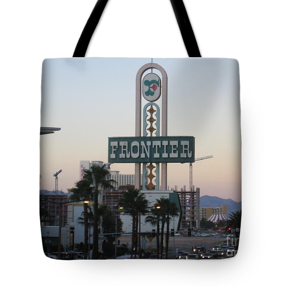 Las Vegas Tote Bag featuring the photograph Las Vegas Frontier Hotel Day Time View Casino Buildings Hotels Street Cars Scene Las Vegas Blvd 2008 by John Shiron