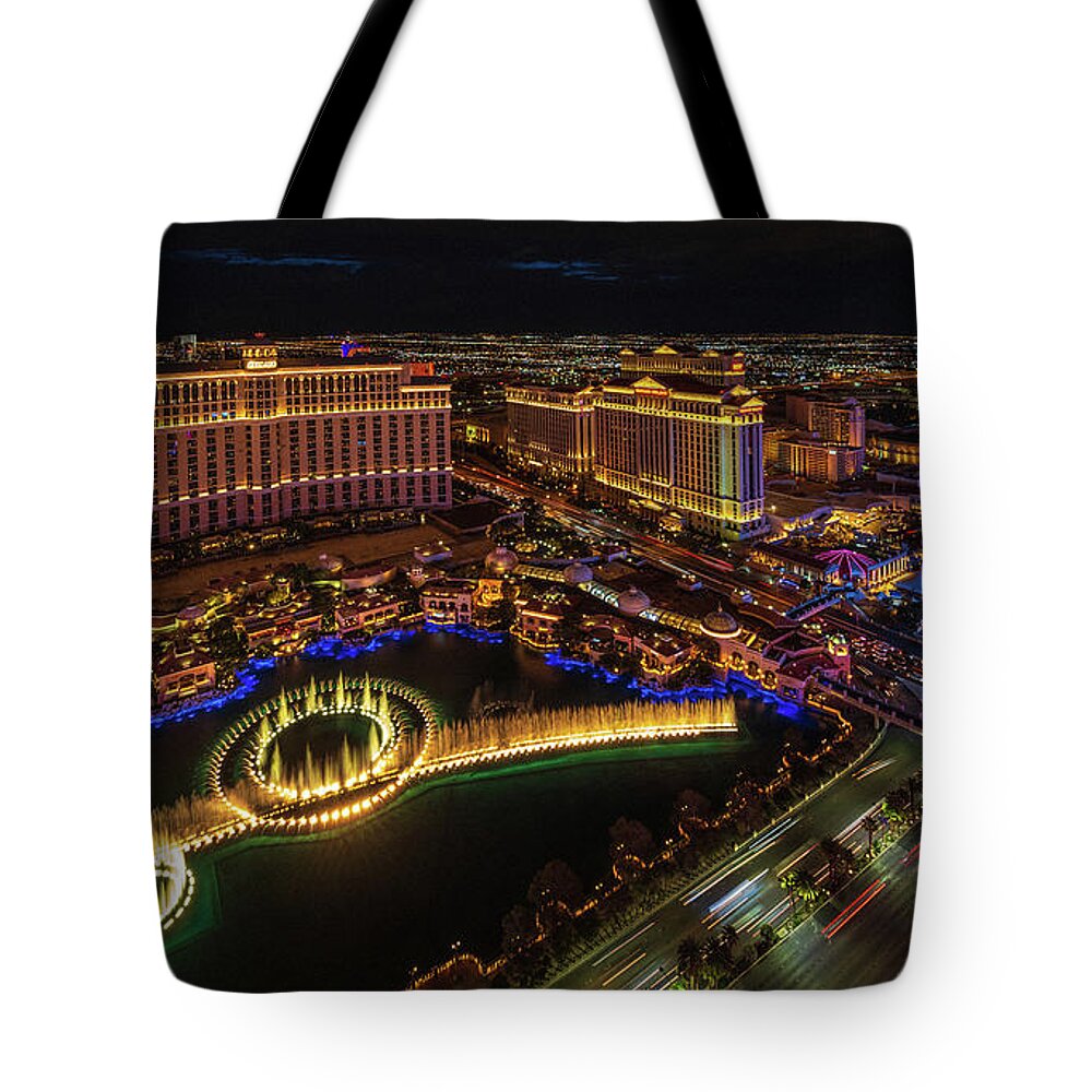 Vegas Tote Bag featuring the photograph Las Vegas Photography Bellagio Fountains and the Strip at Night by Mike Reid