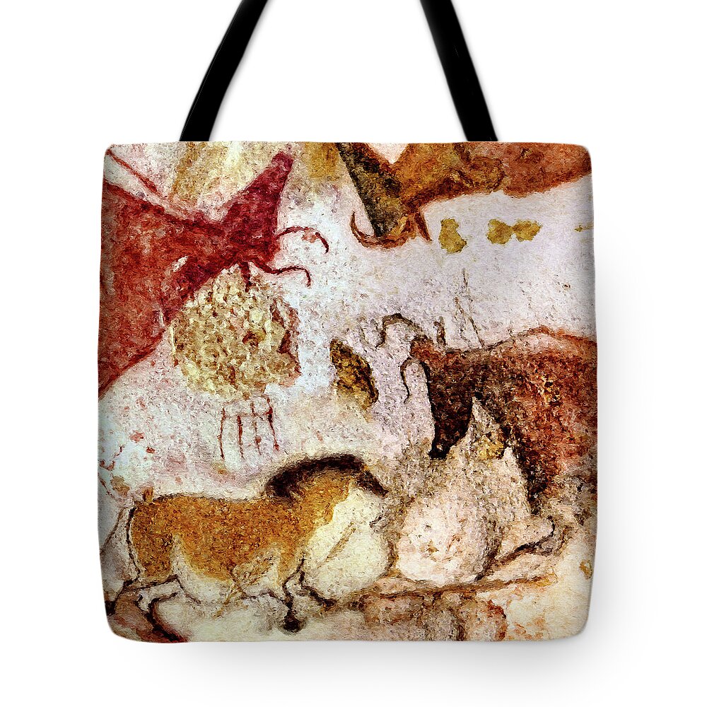Lascaux Tote Bag featuring the digital art Lascaux Horse and Cows by Weston Westmoreland